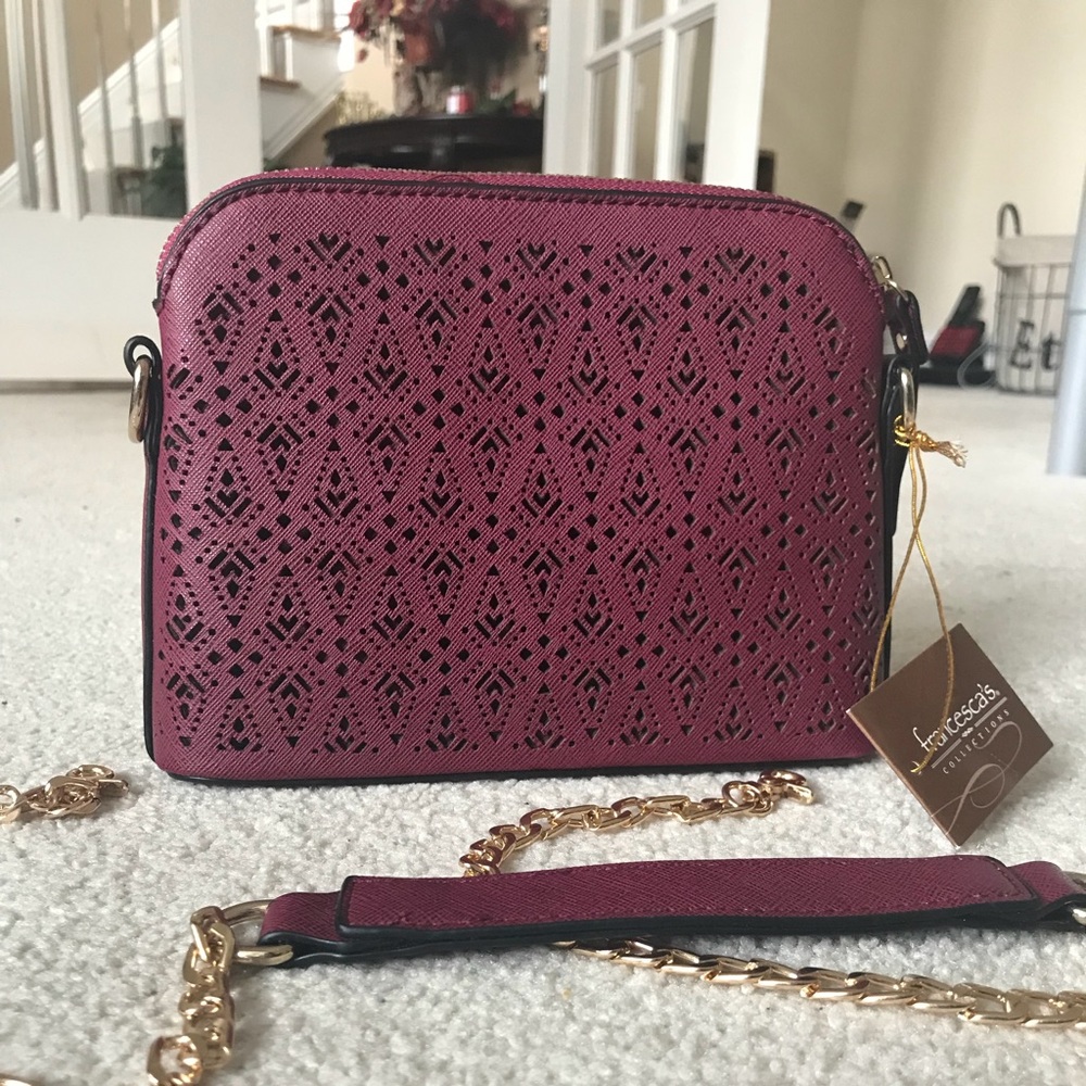 patterned maroon shoulder purse or clutch